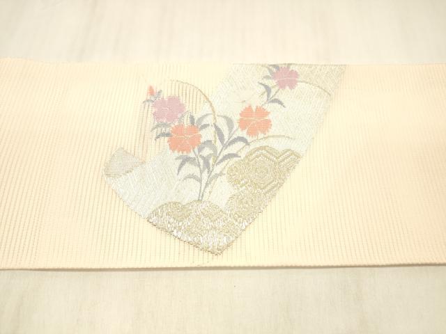 平和屋着物＊夏物 九寸名古屋帯 絵巻草花文 銀糸 正絹 逸品 DABC8346cm