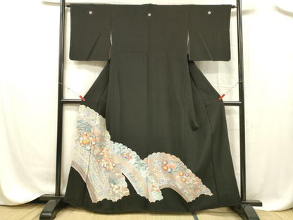 平和屋着物■豪華黒留袖　駒刺繍　花鳥文　正絹　逸品　DABC8353cm