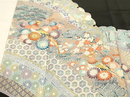 平和屋着物■豪華黒留袖　駒刺繍　花鳥文　正絹　逸品　DABC8353cm