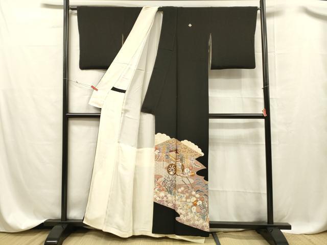 平和屋着物■豪華黒留袖　駒刺繍　流水御所車花文　藤花房　金彩　正絹　逸品　DABC8359cm