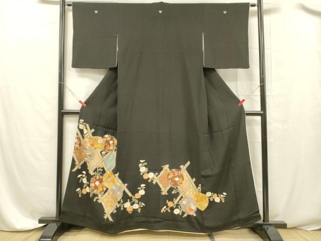平和屋着物■豪華黒留袖 駒刺繍 草花文 金彩 三越扱い 正絹 逸品 DABC8379cm
