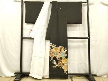 平和屋着物■豪華黒留袖 駒刺繍 草花文 金彩 三越扱い 正絹 逸品 DABC8379cm