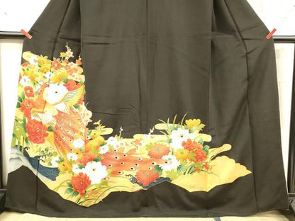平和屋着物■豪華黒留袖　刺繍　孔雀花文　金銀彩　正絹　逸品　DABC8381cm