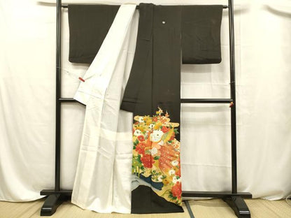 平和屋着物■豪華黒留袖　刺繍　孔雀花文　金銀彩　正絹　逸品　DABC8381cm