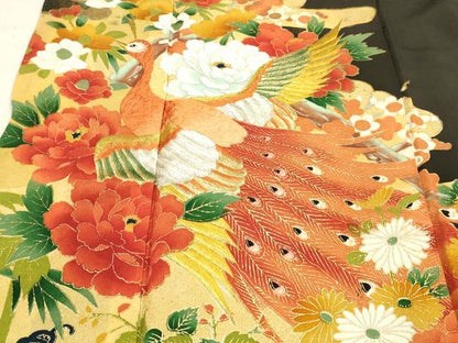 平和屋着物■豪華黒留袖　刺繍　孔雀花文　金銀彩　正絹　逸品　DABC8381cm