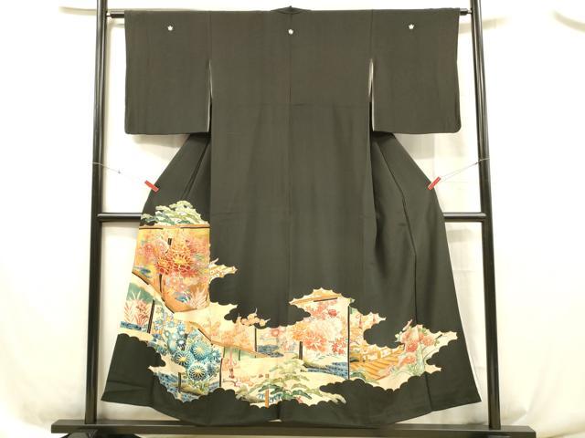 平和屋着物■豪華黒留袖 駒刺繍 流水草花文 金彩 正絹 逸品 DABC8396cm