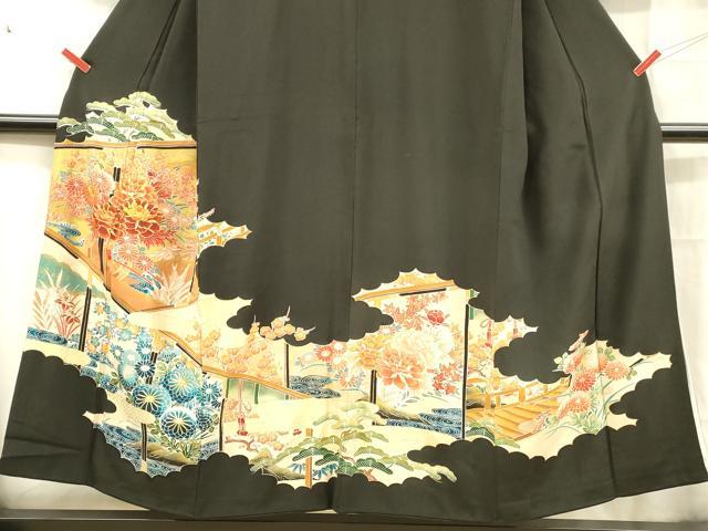 平和屋着物■豪華黒留袖 駒刺繍 流水草花文 金彩 正絹 逸品 DABC8396cm