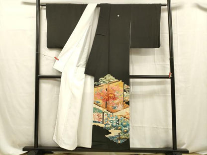 平和屋着物■豪華黒留袖 駒刺繍 流水草花文 金彩 正絹 逸品 DABC8396cm