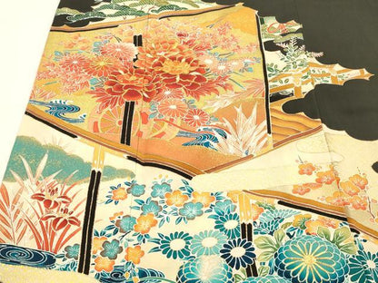 平和屋着物■豪華黒留袖 駒刺繍 流水草花文 金彩 正絹 逸品 DABC8396cm