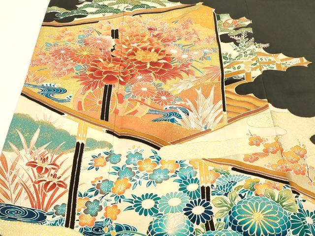 平和屋着物■豪華黒留袖 駒刺繍 流水草花文 金彩 正絹 逸品 DABC8396cm