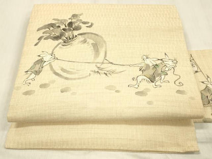平和屋着物＊夏物 九寸名古屋帯 手描き 鳥獣戯画 麻 逸品 DABC8398cm