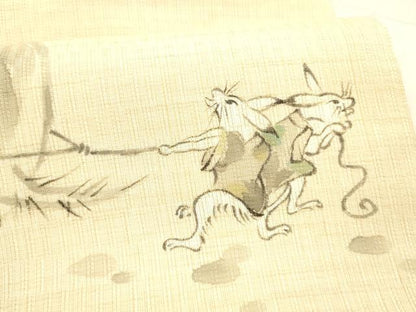 平和屋着物＊夏物 九寸名古屋帯 手描き 鳥獣戯画 麻 逸品 DABC8398cm