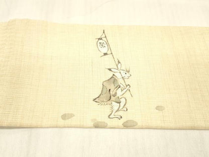 平和屋着物＊夏物 九寸名古屋帯 手描き 鳥獣戯画 麻 逸品 DABC8398cm
