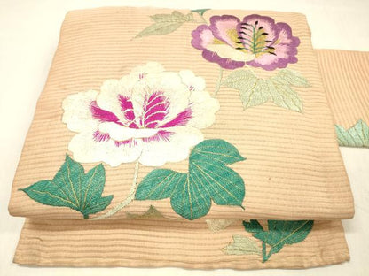 平和屋着物＊夏物 アンティーク 大正ロマン 九寸名古屋帯 絽縮緬 総手刺繍 草花文 金銀彩 正絹 逸品 DABC8409cm