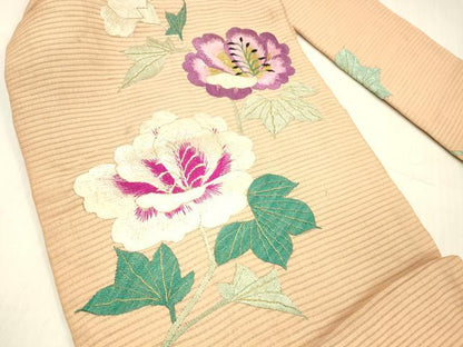 平和屋着物＊夏物 アンティーク 大正ロマン 九寸名古屋帯 絽縮緬 総手刺繍 草花文 金銀彩 正絹 逸品 DABC8409cm