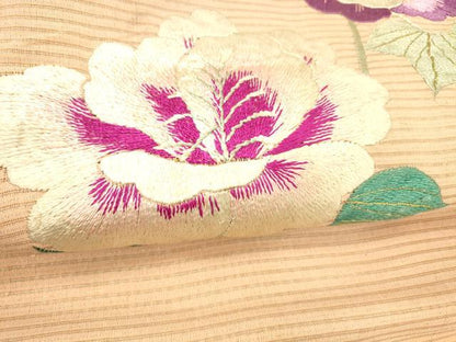 平和屋着物＊夏物 アンティーク 大正ロマン 九寸名古屋帯 絽縮緬 総手刺繍 草花文 金銀彩 正絹 逸品 DABC8409cm