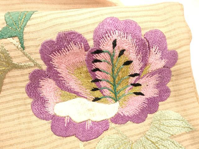 平和屋着物＊夏物 アンティーク 大正ロマン 九寸名古屋帯 絽縮緬 総手刺繍 草花文 金銀彩 正絹 逸品 DABC8409cm