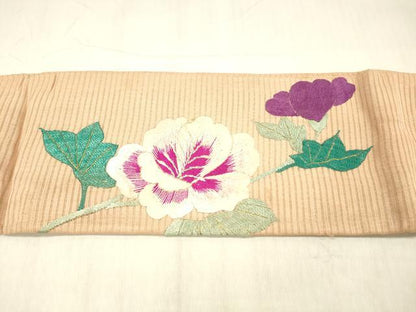 平和屋着物＊夏物 アンティーク 大正ロマン 九寸名古屋帯 絽縮緬 総手刺繍 草花文 金銀彩 正絹 逸品 DABC8409cm