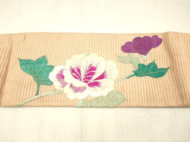 平和屋着物＊夏物 アンティーク 大正ロマン 九寸名古屋帯 絽縮緬 総手刺繍 草花文 金銀彩 正絹 逸品 DABC8409cm
