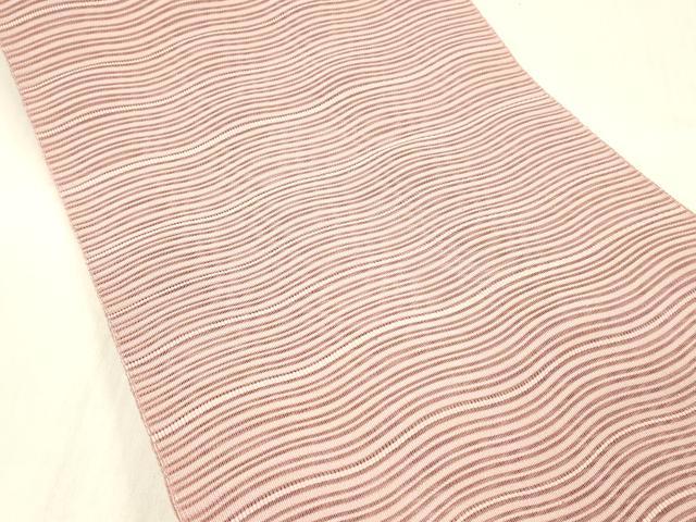 平和屋着物＊夏物 絽綴れ 八寸名古屋帯 よろけ縞 鴇色 正絹 逸品 DABC8416cm