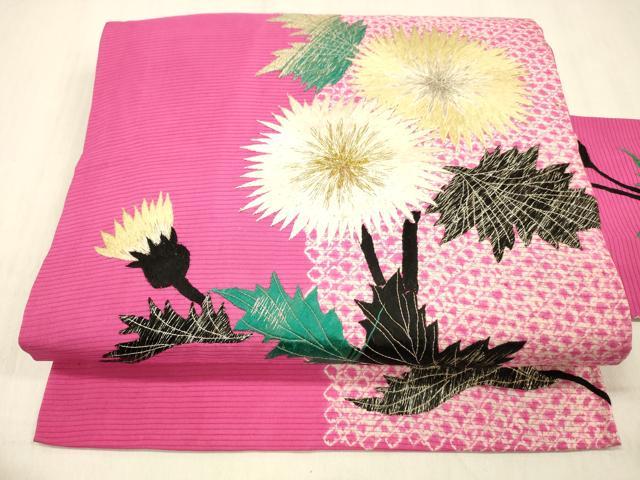 平和屋着物＊夏物 アンティーク 大正ロマン 九寸名古屋帯 絽縮緬 総手刺繍 絞り 枝花文 金銀糸 正絹 逸品 DABC8418cm
