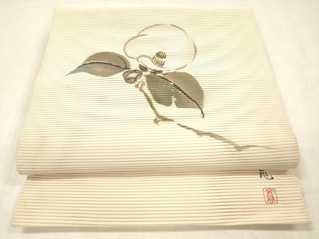平和屋着物＊夏物 絽綴れ 八寸名古屋帯 作家物 手描き 枝椿 金彩 正絹 逸品 DABC8424cm