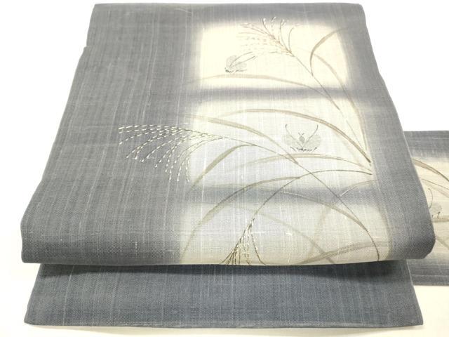 平和屋着物＊夏物 九寸名古屋帯 夏虫草葉文 金彩 麻 逸品 DABC8434cm