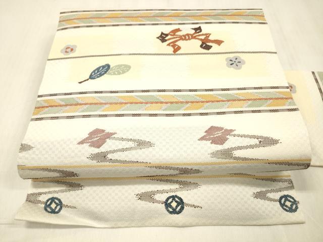 平和屋着物＊夏物 九寸名古屋帯 横段結び紐草花文 正絹 逸品 DABC8436cm