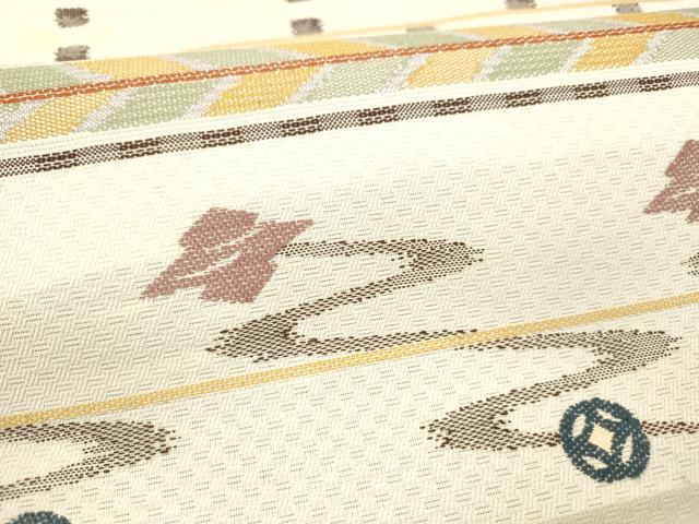平和屋着物＊夏物 九寸名古屋帯 横段結び紐草花文 正絹 逸品 DABC8436cm