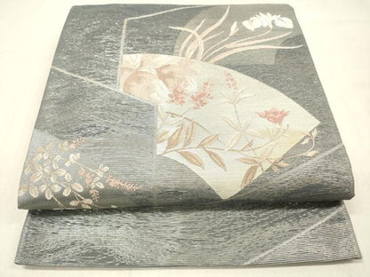 平和屋着物＊夏物 六通柄袋帯 地紙草花文 銀糸 正絹 逸品 DABC8438cm