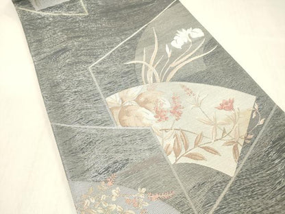 平和屋着物＊夏物 六通柄袋帯 地紙草花文 銀糸 正絹 逸品 DABC8438cm