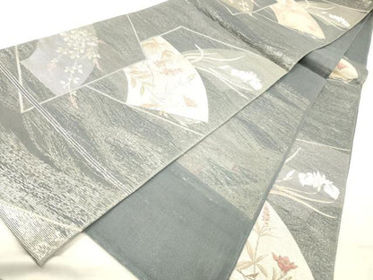 平和屋着物＊夏物 六通柄袋帯 地紙草花文 銀糸 正絹 逸品 DABC8438cm
