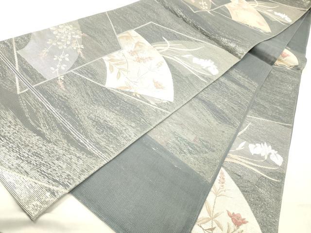 平和屋着物＊夏物 六通柄袋帯 地紙草花文 銀糸 正絹 逸品 DABC8438cm
