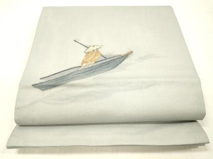 平和屋着物＊夏物　九寸開き名古屋帯　人物舟文　金糸　正絹　逸品　DABC8453cm