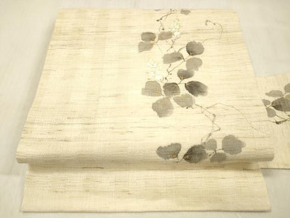 平和屋着物＊夏物 染色作家 桐山紫香 手描き 九寸名古屋帯 蔦の葉文 金彩 麻 逸品 DABC8468cm