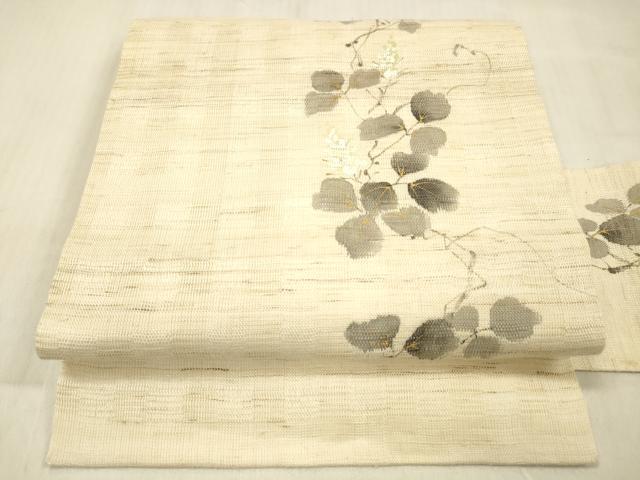平和屋着物＊夏物 染色作家 桐山紫香 手描き 九寸名古屋帯 蔦の葉文 金彩 麻 逸品 DABC8468cm