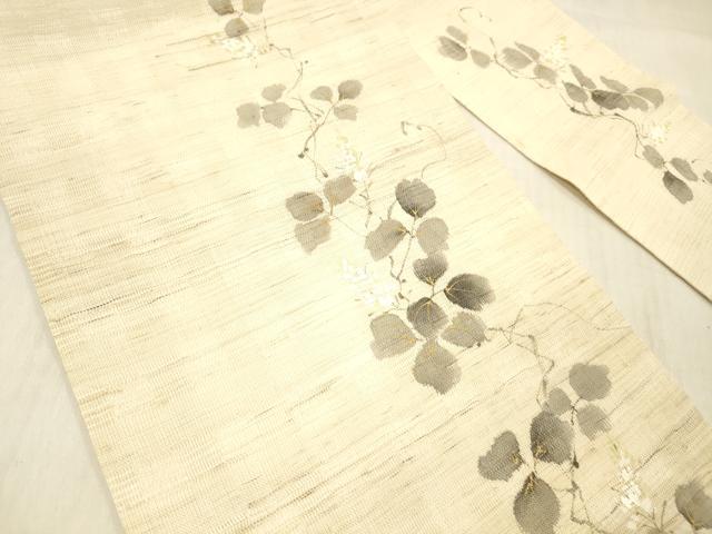 平和屋着物＊夏物 染色作家 桐山紫香 手描き 九寸名古屋帯 蔦の葉文 金彩 麻 逸品 DABC8468cm