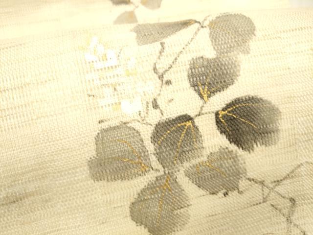 平和屋着物＊夏物 染色作家 桐山紫香 手描き 九寸名古屋帯 蔦の葉文 金彩 麻 逸品 DABC8468cm