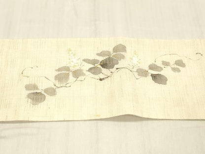 平和屋着物＊夏物 染色作家 桐山紫香 手描き 九寸名古屋帯 蔦の葉文 金彩 麻 逸品 DABC8468cm