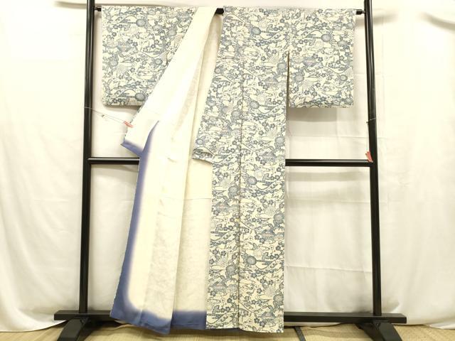 平和屋着物■上質な小紋　型染　風景草花文　鮫小紋柄　正絹　逸品　DABC8487cm