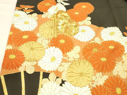平和屋着物■豪華黒留袖　駒刺繍　草花文　金彩　正絹　逸品　DABC8501cm