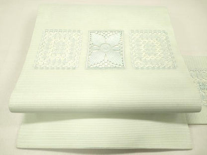 平和屋着物＊夏物 九寸名古屋帯 抽象文様 白緑色 正絹 逸品 DABC8522cm