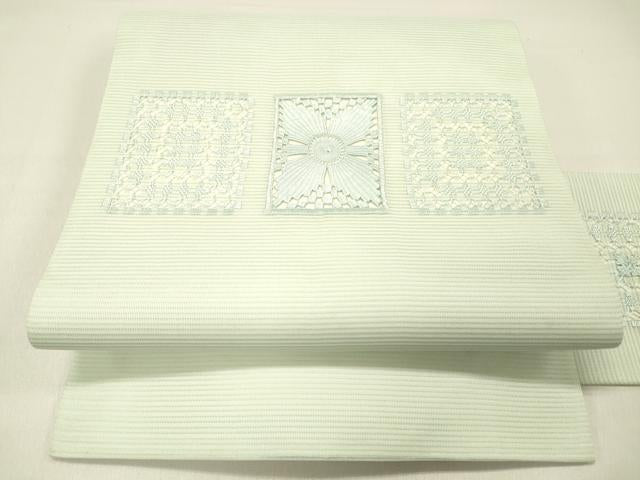 平和屋着物＊夏物 九寸名古屋帯 抽象文様 白緑色 正絹 逸品 DABC8522cm