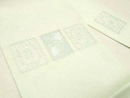 平和屋着物＊夏物 九寸名古屋帯 抽象文様 白緑色 正絹 逸品 DABC8522cm