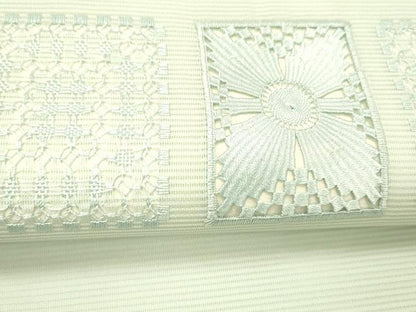 平和屋着物＊夏物 九寸名古屋帯 抽象文様 白緑色 正絹 逸品 DABC8522cm
