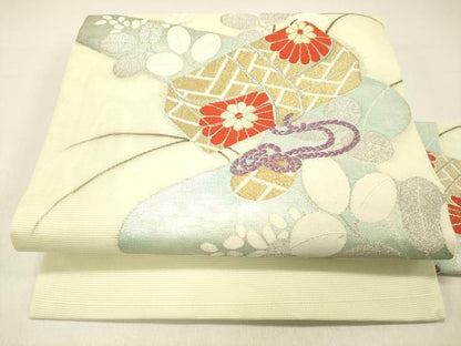 平和屋着物＊夏物 九寸名古屋帯 流水文箱草花文 金銀糸 正絹 逸品 DABC8535cm