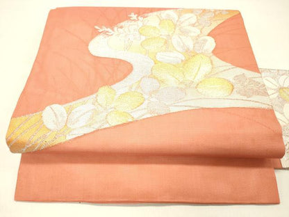 平和屋着物＊夏物　九寸名古屋帯　流水草葉文　金銀糸　正絹　逸品　DABC8540cm