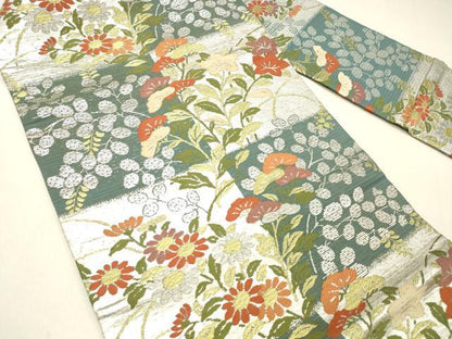 平和屋着物＊夏物 アンティーク 大正ロマン 九寸名古屋帯 草花文 金銀糸 正絹 逸品 DABC8543cm