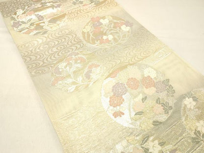 平和屋着物＊夏物 六通柄袋帯 流水草花文 金糸 正絹 逸品 DABC8582cm