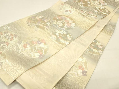 平和屋着物＊夏物 六通柄袋帯 流水草花文 金糸 正絹 逸品 DABC8582cm
